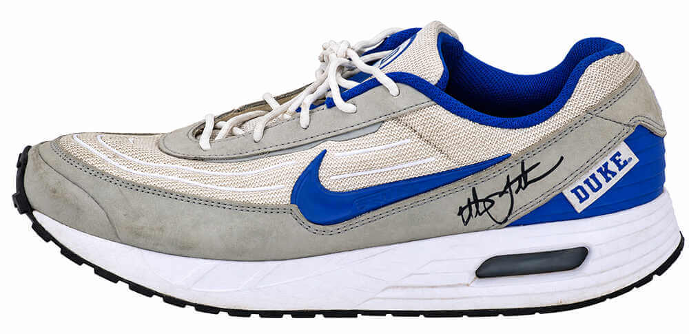Christian Laettner Autographed Duke Nike Air Max Blue & Grey Shoe (Left Foot)-Powers Sports Memorabilia