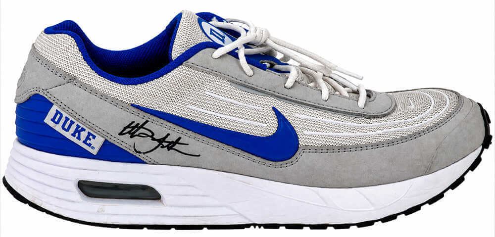 Christian Laettner Autographed Duke Nike Air Max Blue & Grey Shoe (Right Foot)-Powers Sports Memorabilia