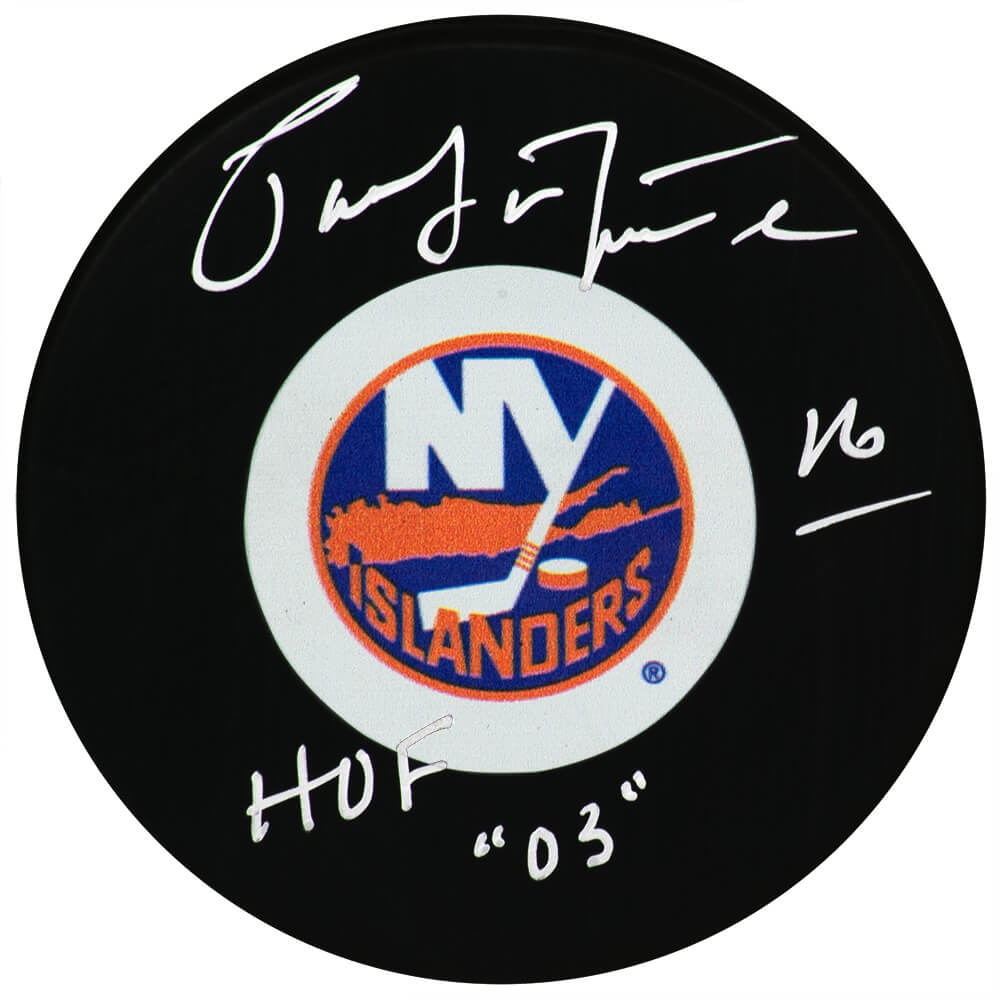 Pat Lafontaine New York Islanders Autographed Medium Logo Hockey Puck-Powers Sports Memorabilia