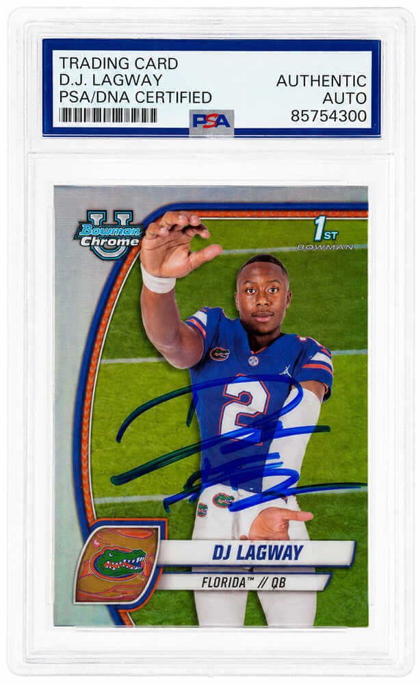 DJ Lagway Autographed 2024 Bowman Chrome Refractor Football Card #63 PSA-Powers Sports Memorabilia