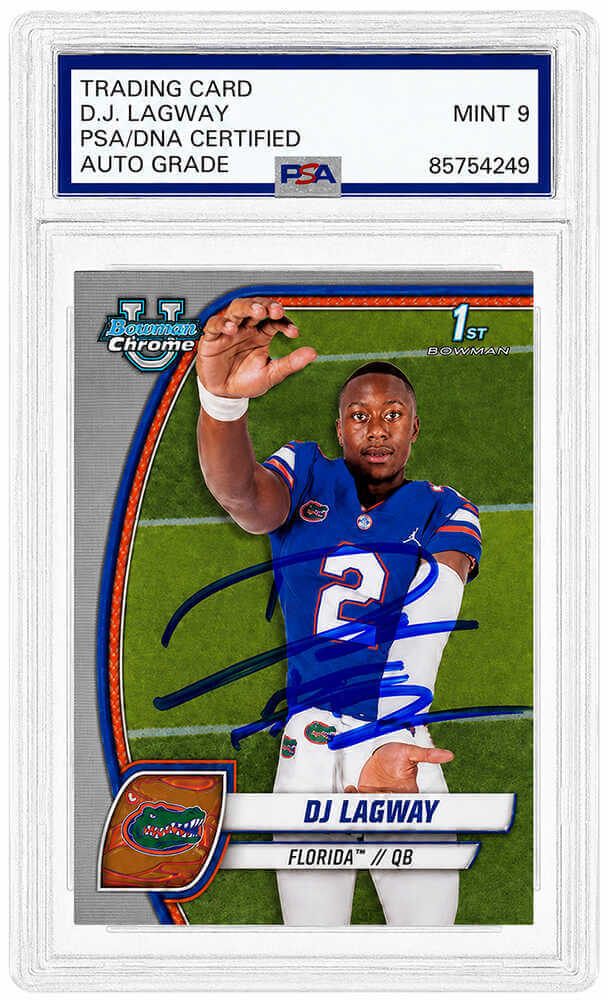 DJ Lagway Autographed 2024 Bowman Chrome (1st Bowman) Football Card #63 (PSA Autographed Grade 9)-Powers Sports Memorabilia