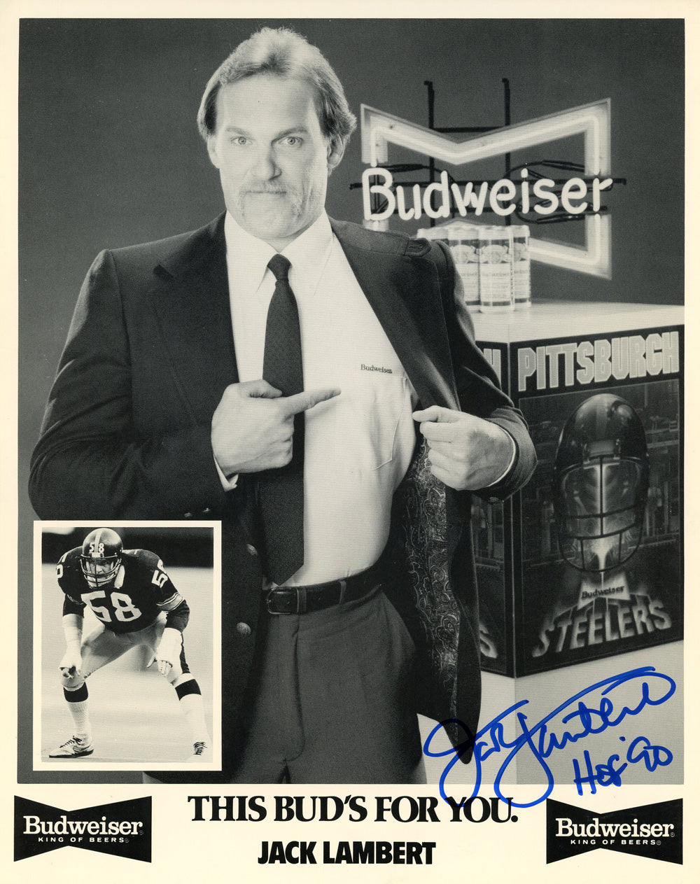 Jack Lambert Pittsburgh Steelers Signed 8x10 Photo - HOF JSA JSA-Powers Sports Memorabilia