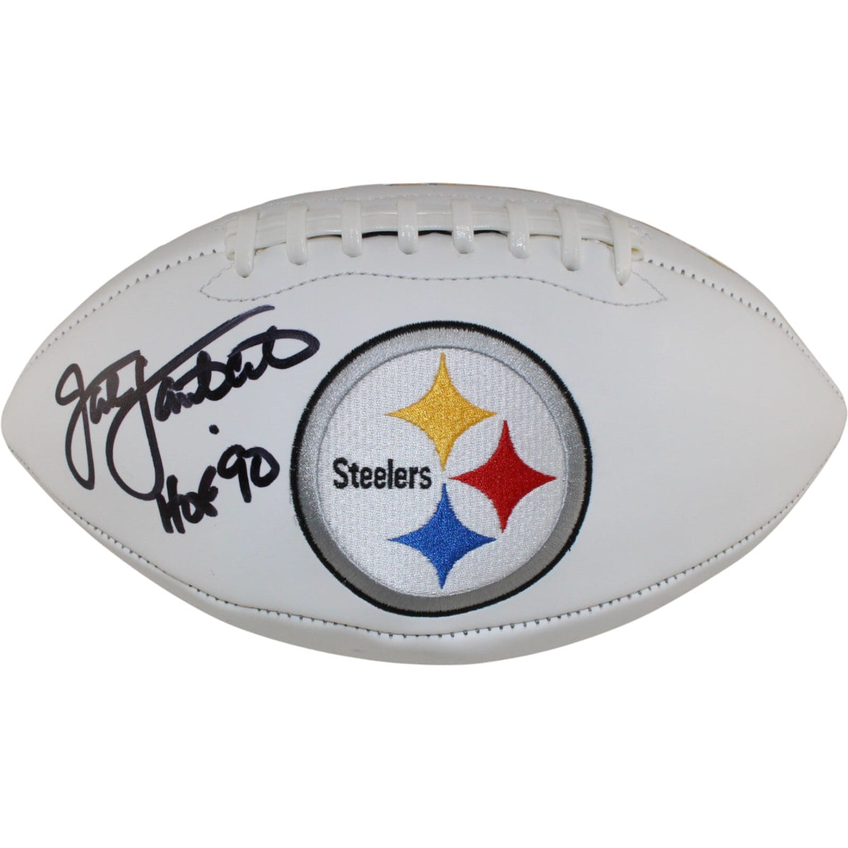 Jack Lambert Signed Pittsburgh Steelers Logo Football HOF Beckett W-Powers Sports Memorabilia