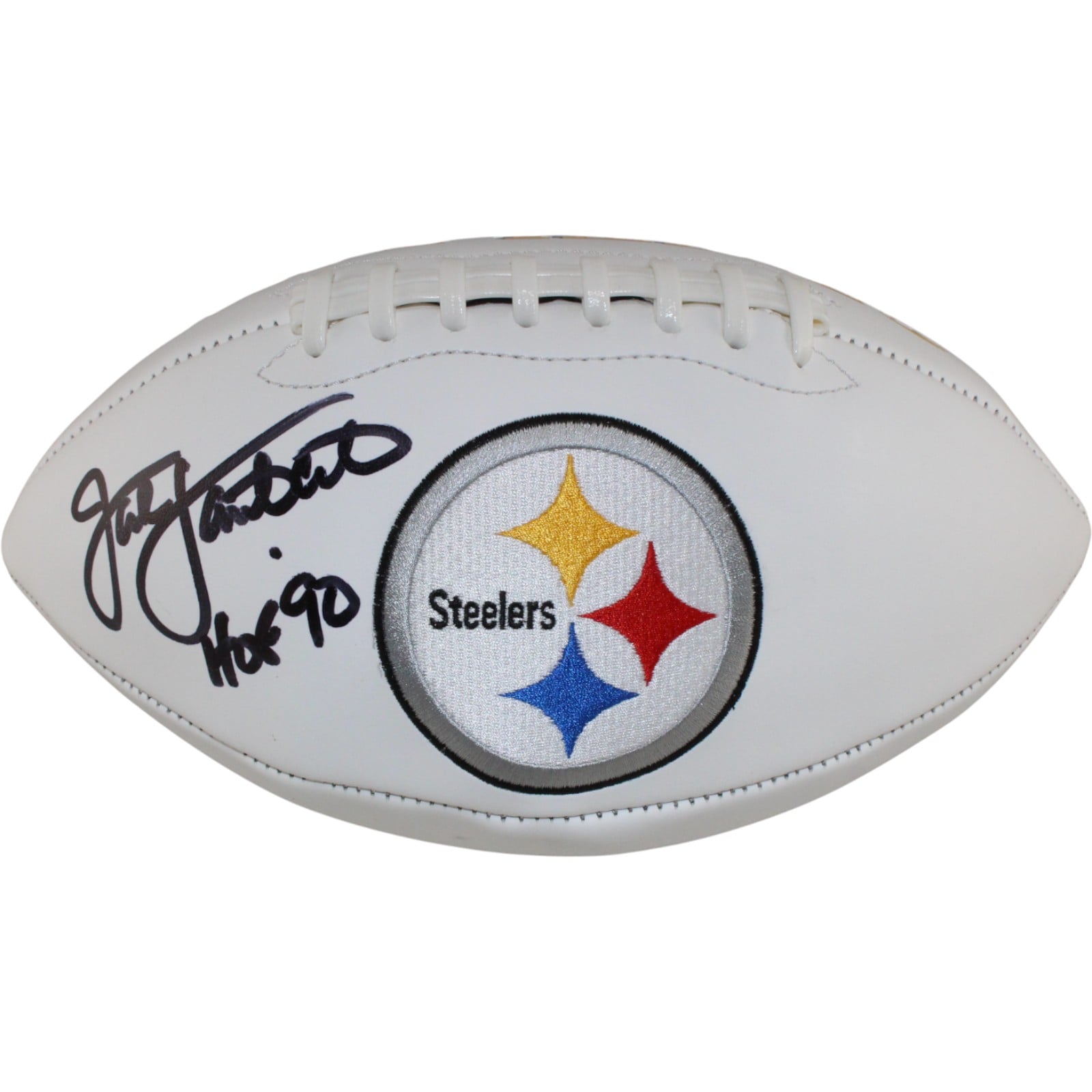 Jack Lambert Signed Pittsburgh Steelers Logo Football HOF Beckett W-Powers Sports Memorabilia