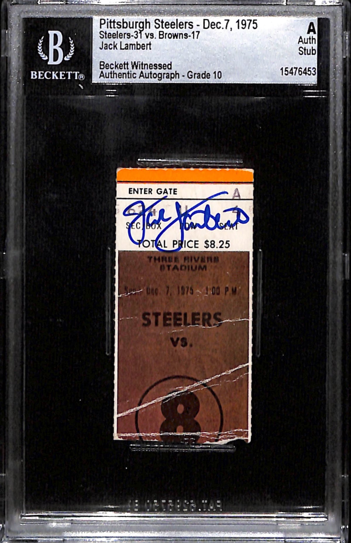 Jack Lambert Pittsburgh Steelers Signed Card - 12/7/75 Ticket Stub Slab Beckett Beckett-Powers Sports Memorabilia