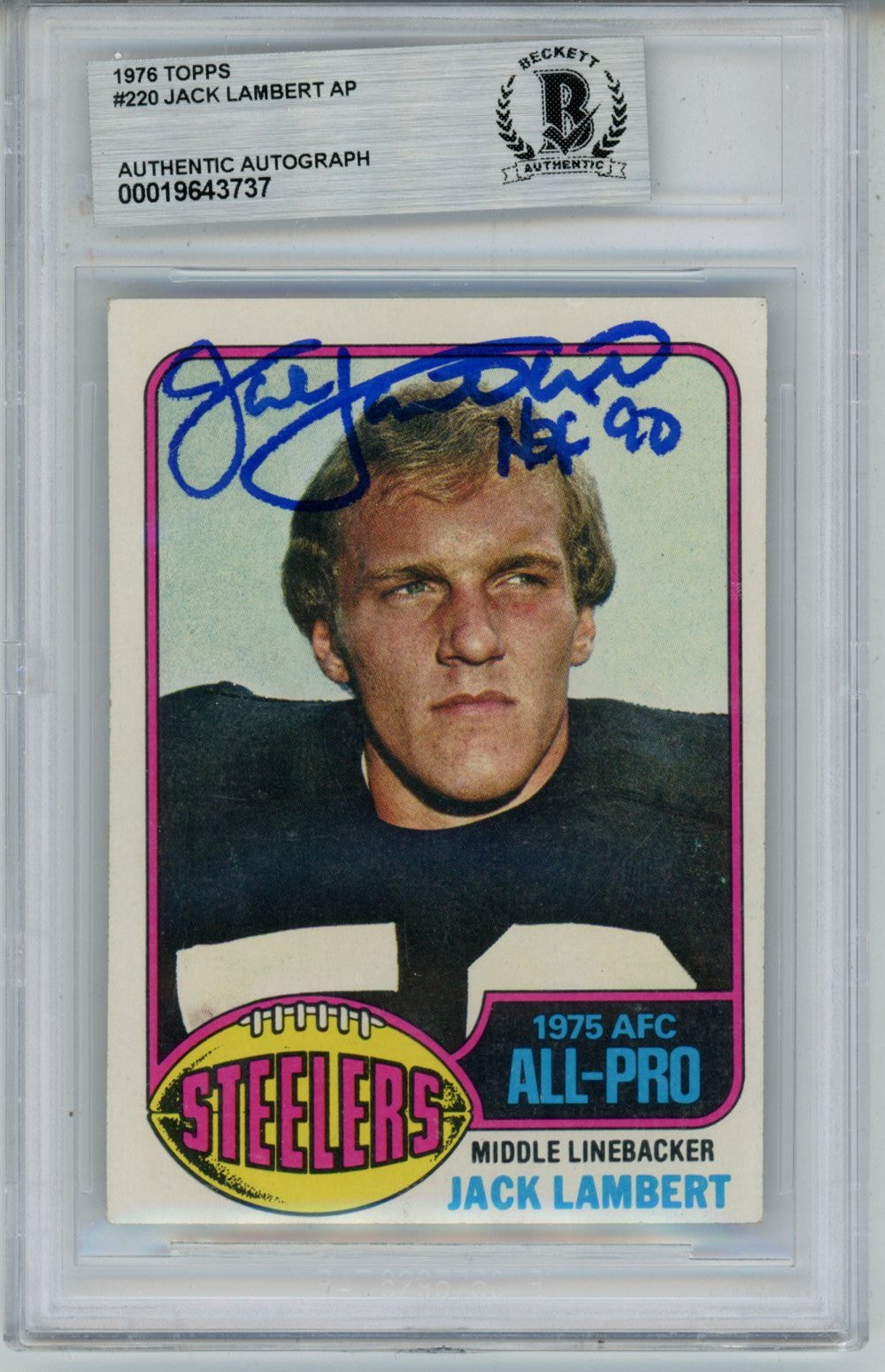 Jack Lambert Pittsburgh Steelers Signed Card - 1976 Topps #229 Slab Beckett Beckett-Powers Sports Memorabilia