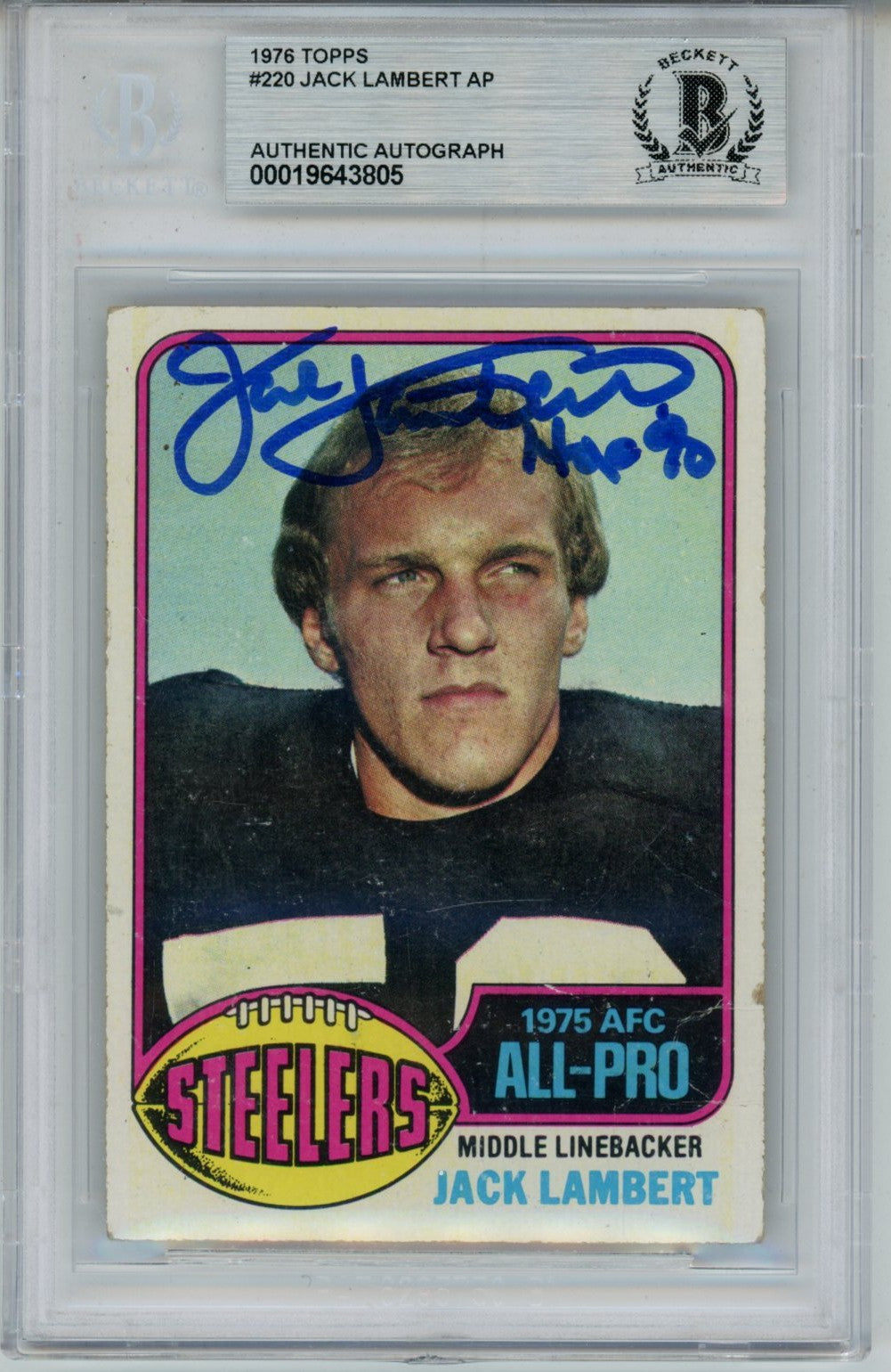 Jack Lambert Pittsburgh Steelers Signed Card - 1976 Topps #229 Slab Beckett Beckett - 56927-Powers Sports Memorabilia