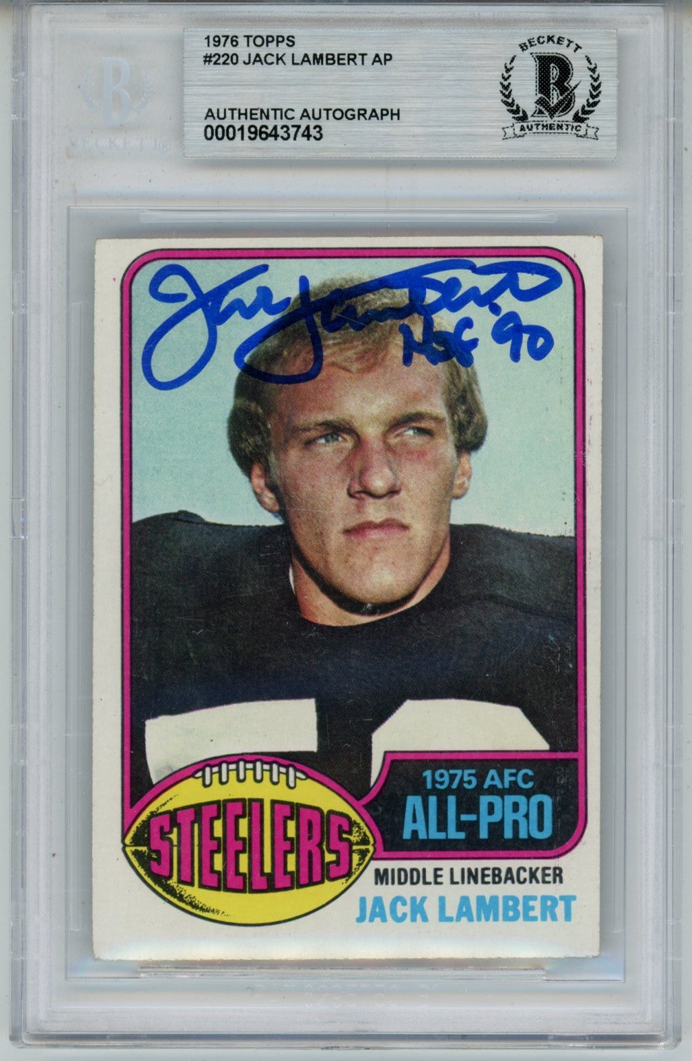 Jack Lambert Pittsburgh Steelers Signed Card - 1976 Topps #229 Slab Beckett Beckett - 56929-Powers Sports Memorabilia