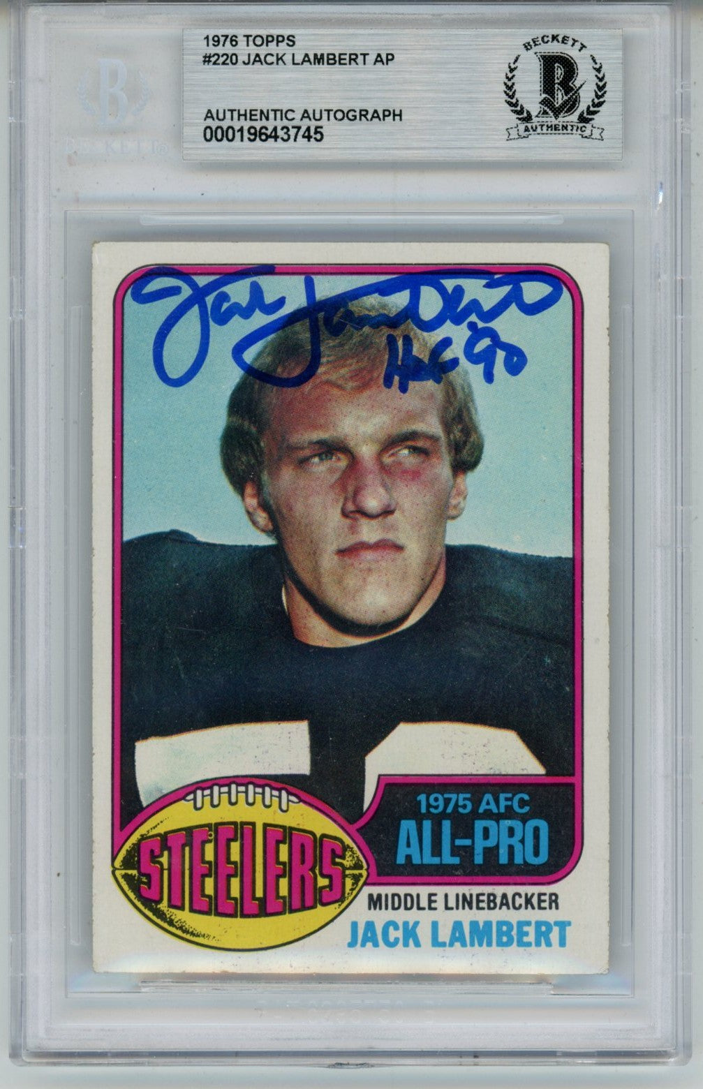 Jack Lambert Pittsburgh Steelers Signed Card - 1976 Topps #229 Slab Beckett Beckett - 56930-Powers Sports Memorabilia