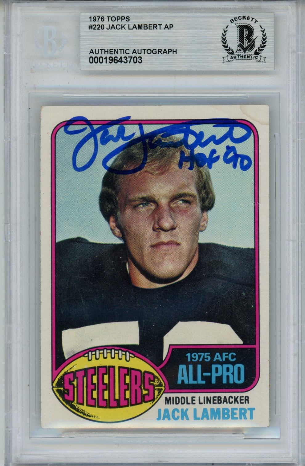 Jack Lambert Pittsburgh Steelers Signed Card - 1976 Topps #229 Slab Beckett Beckett - 56938-Powers Sports Memorabilia
