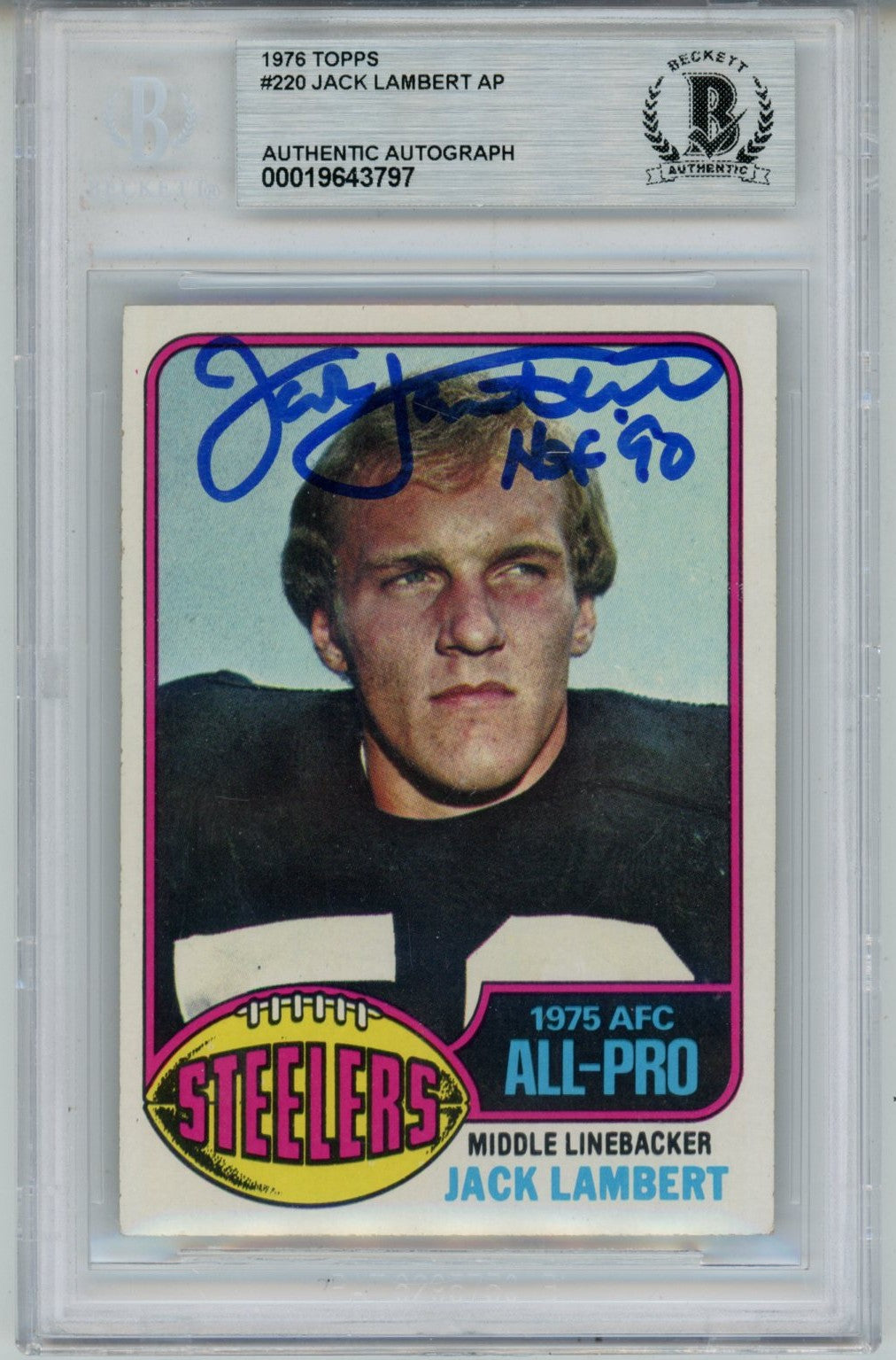 Jack Lambert Pittsburgh Steelers Signed Card - 1976 Topps #229 Slab Beckett Beckett - 56940-Powers Sports Memorabilia