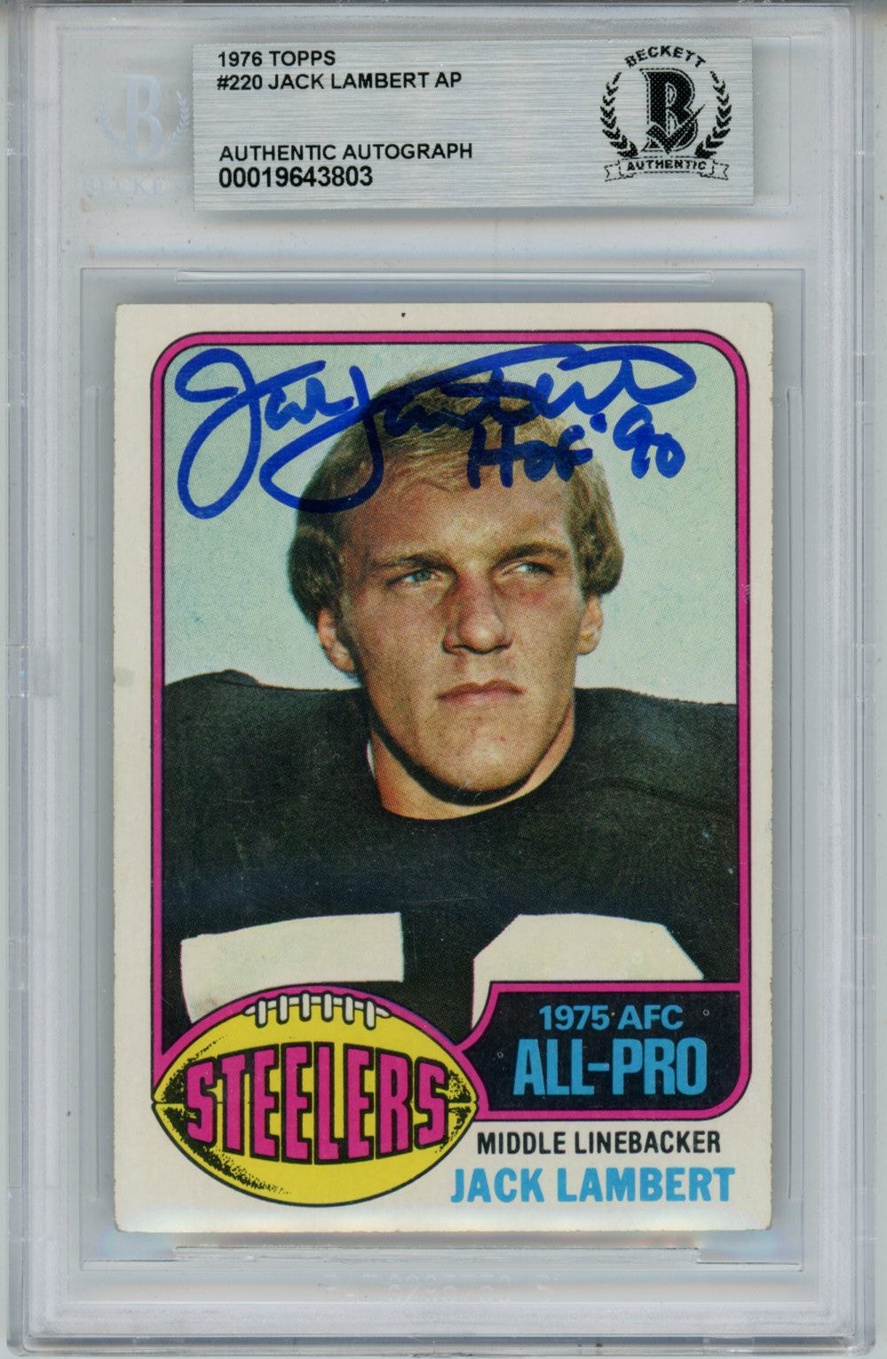 Jack Lambert Pittsburgh Steelers Signed Card - 1976 Topps #229 Slab Beckett Beckett - 56942-Powers Sports Memorabilia