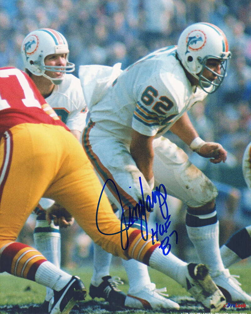 Jim Langer Miami Dolphins Autographed Snapping Action 8x10 Photo w/ HOF 87-Powers Sports Memorabilia