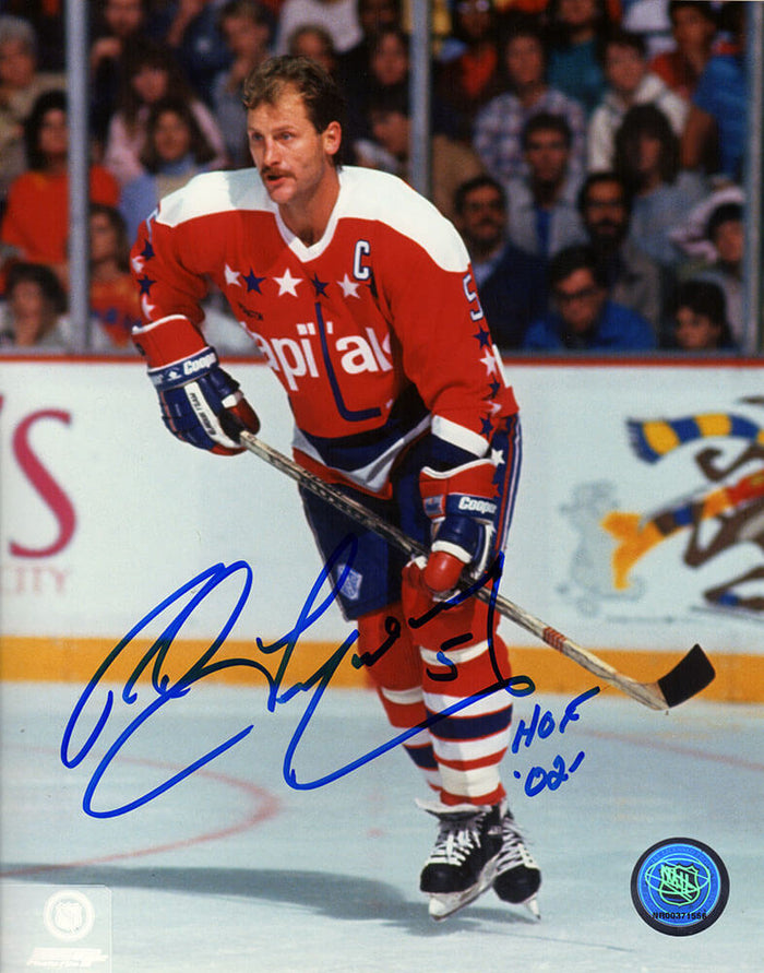 Rod Langway Autographed Capitals Red Jersey Action 8x10 Photo with HOF'02-Powers Sports Memorabilia