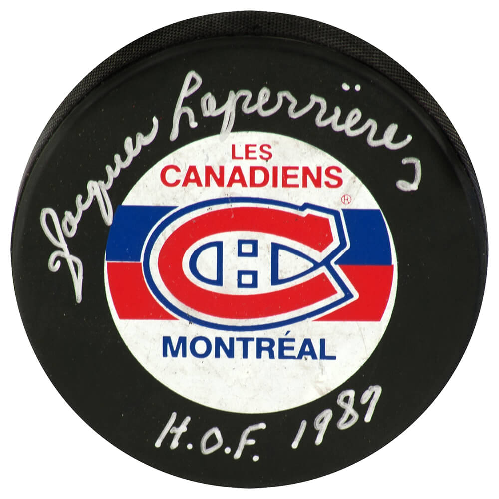 Jacques Laperriere Autographed Montreal Canadiens Logo Hockey Puck with HOF 1987-Powers Sports Memorabilia