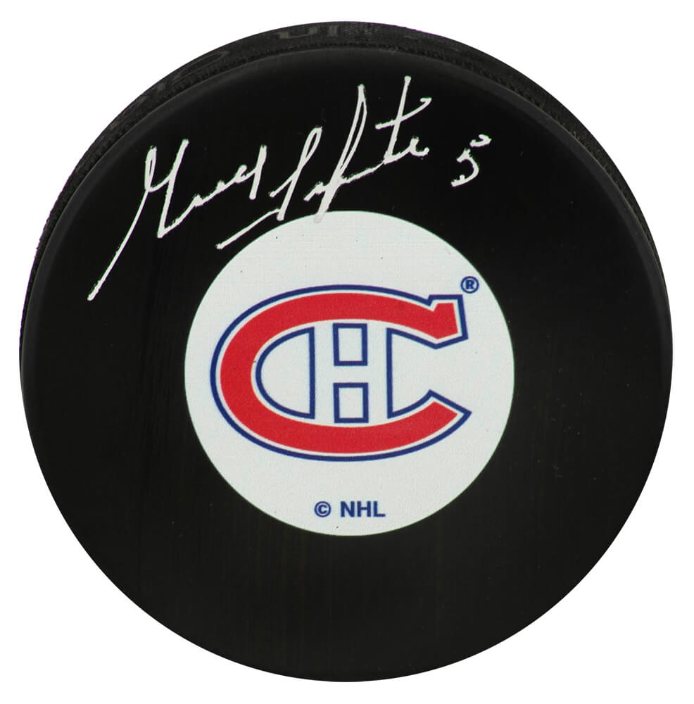 Guy Lapointe Autographed Montreal Canadiens Team Logo Hockey Puck-Powers Sports Memorabilia