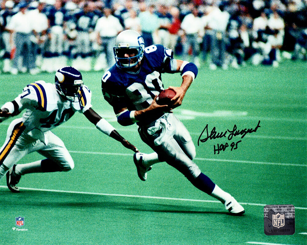 Steve Largent Autographed Seattle Seahawks Football Action 8x10 Photo with HOF 95-Powers Sports Memorabilia