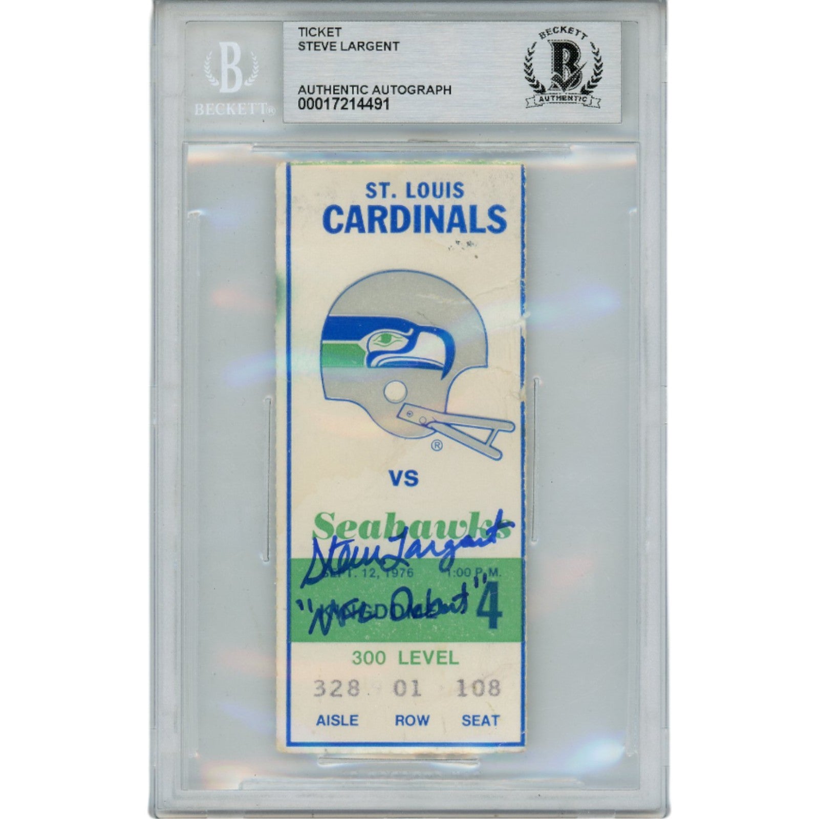 Steve Largent Seattle Seahawks Signed Card - Seahawks NFL Debut Slabbed Ticket Stub Beckett Beckett-Powers Sports Memorabilia