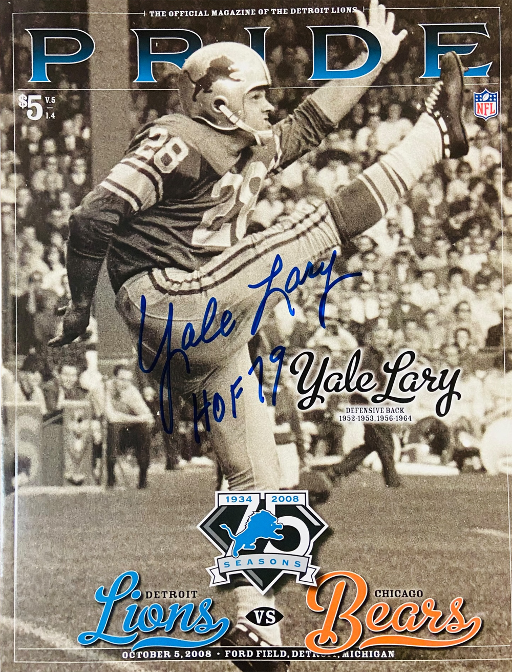 Yale Lary Detroit Lions Signed Magazine - 2008 Pride Magazine HOF Beckett Beckett-Powers Sports Memorabilia