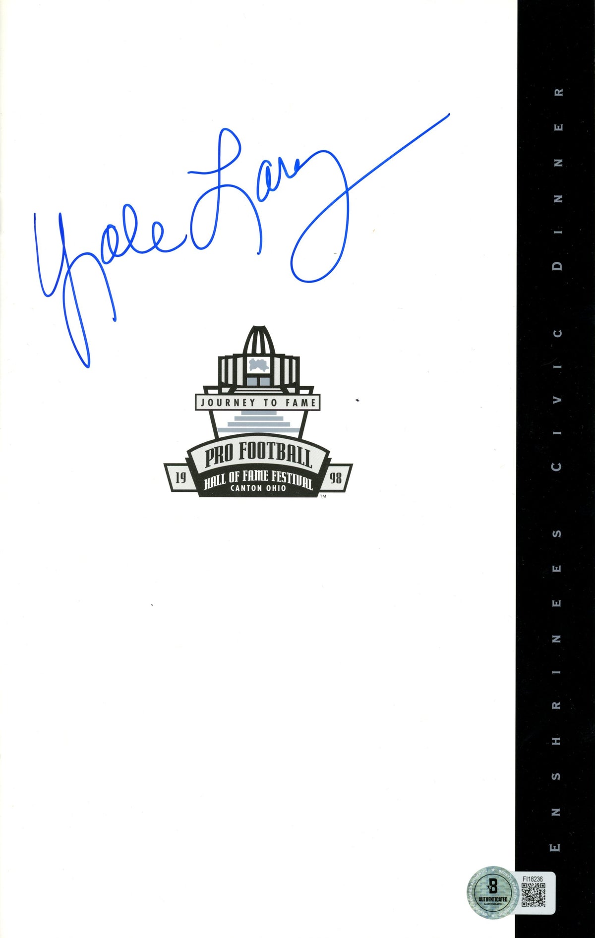 Yale Lary Detroit Lions Signed Mini Helmet - 1998 Enshrinees Civic Dinner Program Beckett-Powers Sports Memorabilia