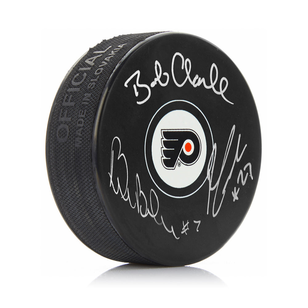 LCB Line (Bob Clarke, Bill Barber, Reggie Leach) Signed Philadelphia Flyers Hockey Logo Puck-Powers Sports Memorabilia