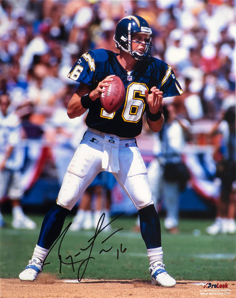 Ryan Leaf Autographed Chargers Dropback Action 16x20 Photo-Powers Sports Memorabilia