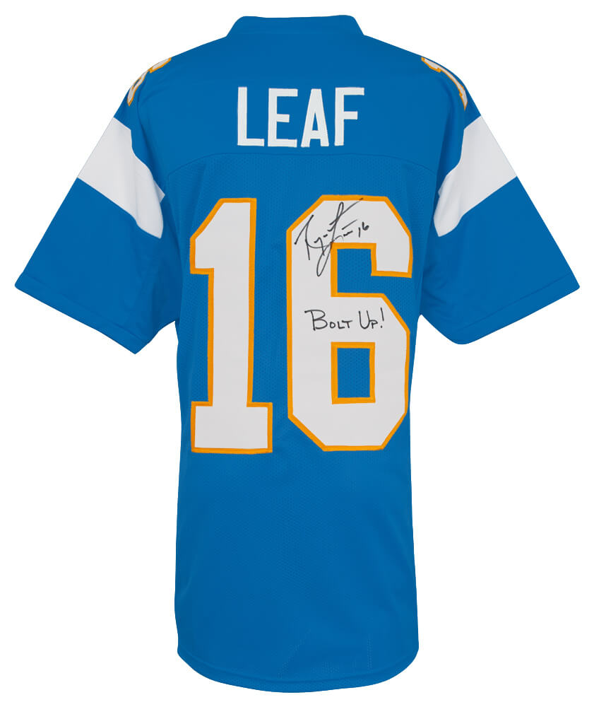 Ryan Leaf Autographed Powder Blue Custom Football Jersey with Bolt Up-Powers Sports Memorabilia