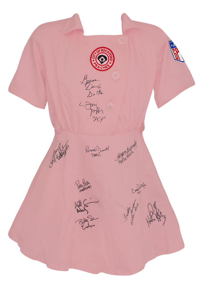 A League Of Their Own Cast Autographed Rockford Peaches Pink Costume Baseball Jersey (11 Signatures - with Character Names)