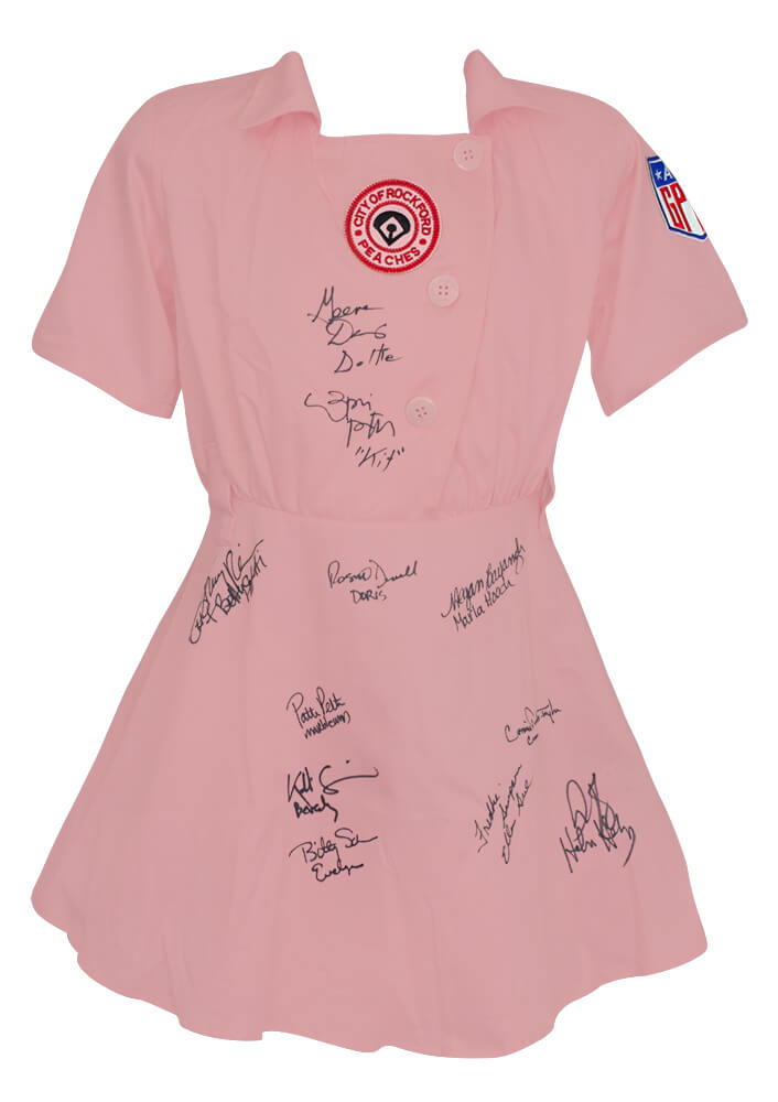 A League Of Their Own Cast Autographed Rockford Peaches Pink Costume Baseball Jersey (11 Signatures - with Character Names)-Powers Sports Memorabilia