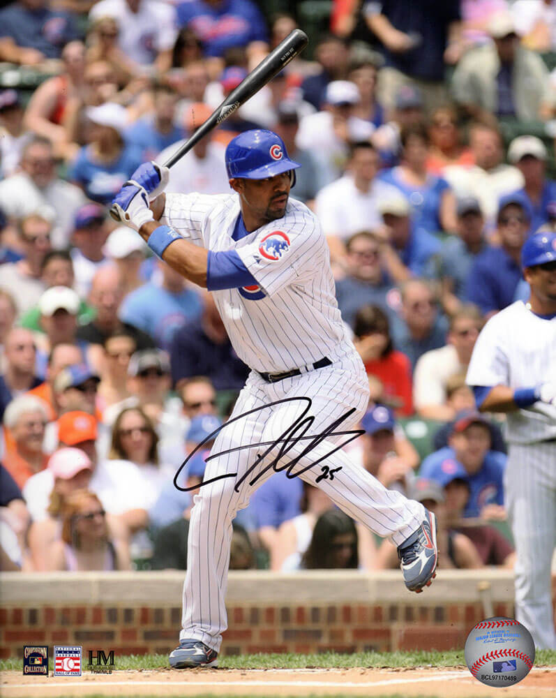 Derrek Lee Autographed Chicago Cubs White Jersey Batting 8x10 Photo-Powers Sports Memorabilia