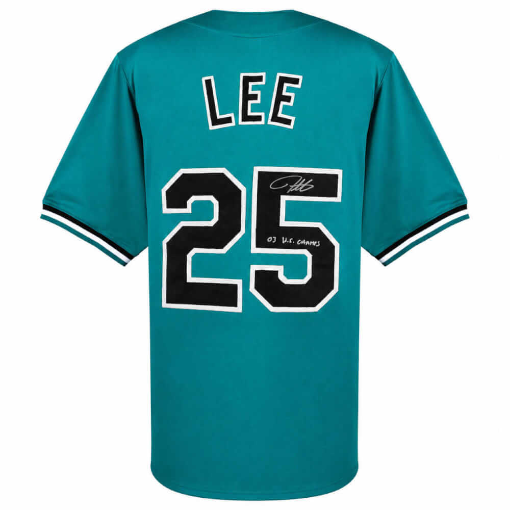 Derrek Lee Autographed Teal Throwback Custom Baseball Jersey with 03 WS Champs-Powers Sports Memorabilia
