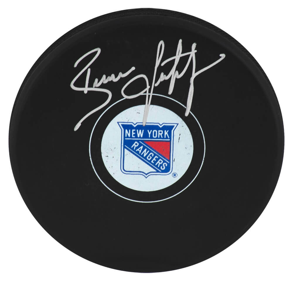 Brian Leetch Autographed New York Rangers Logo Hockey Puck-Powers Sports Memorabilia