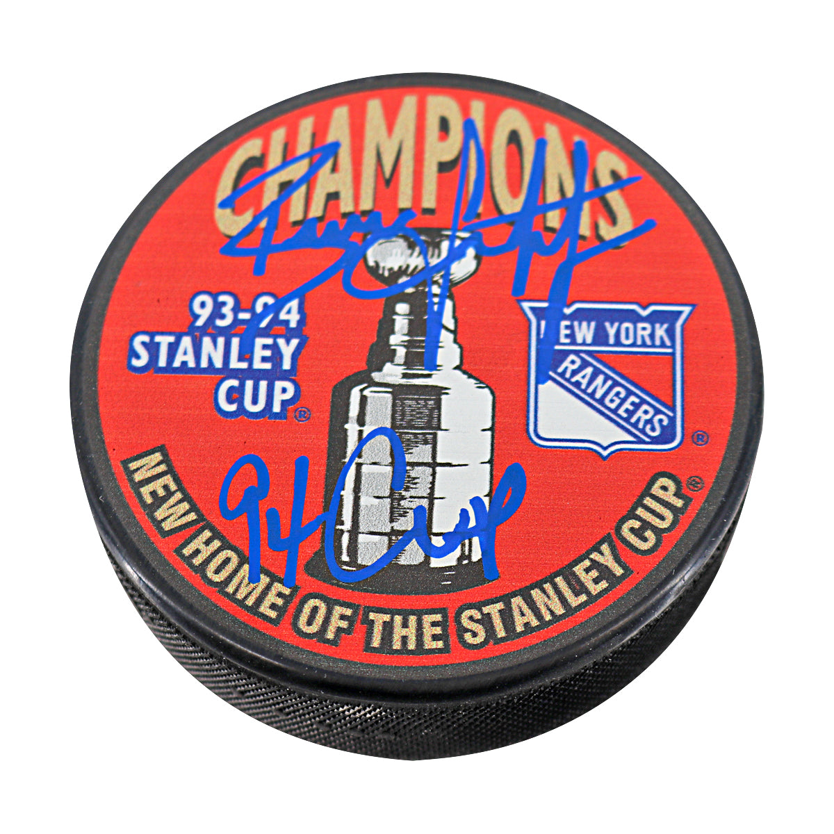 Brian Leetch New York Rangers Signed Inscribed 94 Cup Red 1994 Rangers Champions Puck