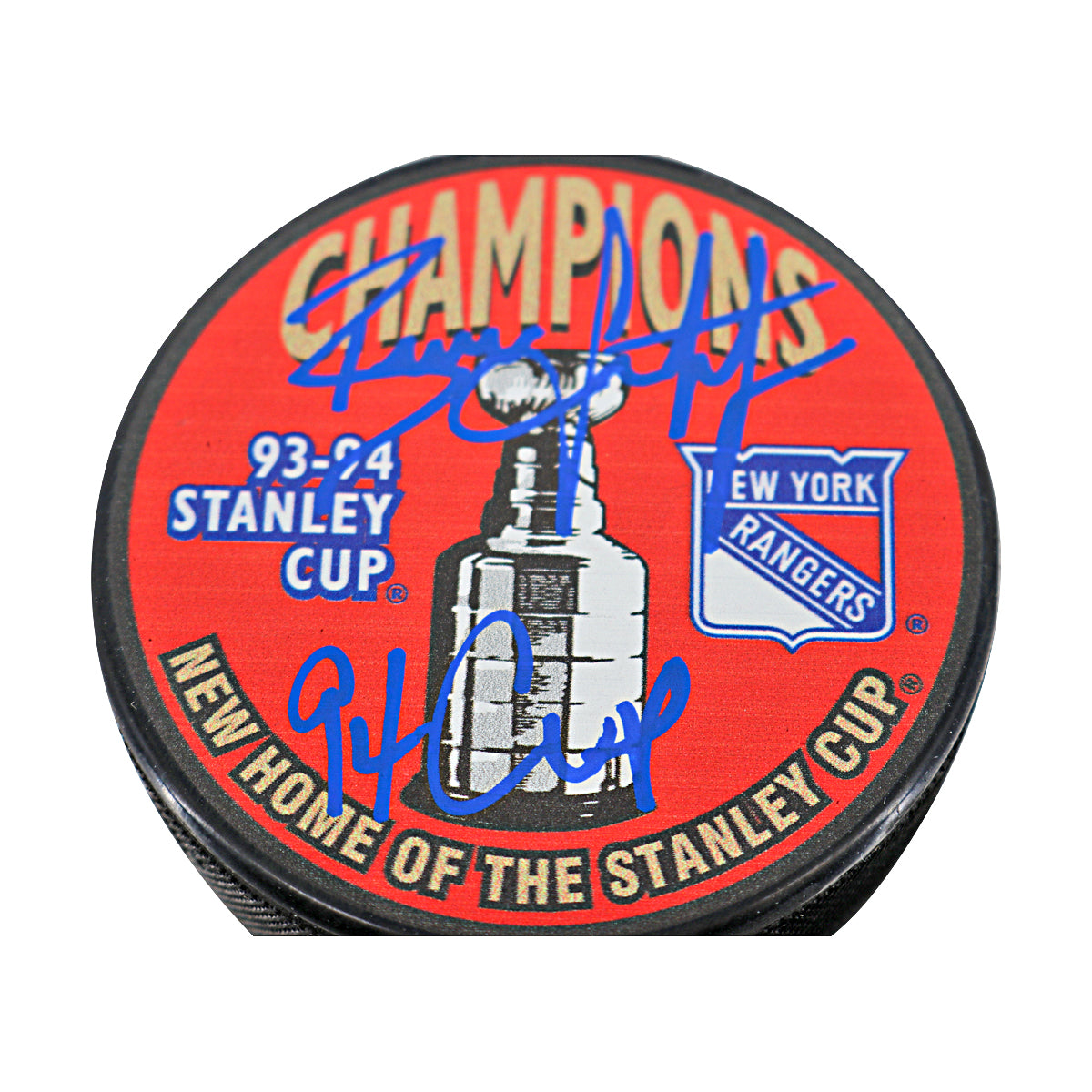 Brian Leetch New York Rangers Signed Inscribed 94 Cup Red 1994 Rangers Champions Puck