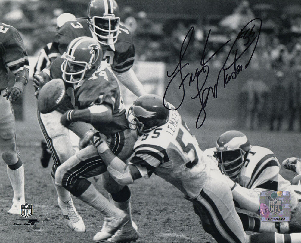 Frank LeMaster Autographed Philadelphia Eagles B&W Tackle Action vs Falcons 8x10 Photo-Powers Sports Memorabilia