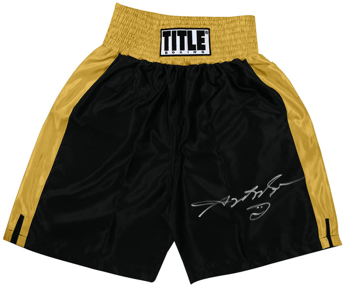 Sugar Ray Leonard Autographed Title Black With Gold Trim Boxing Trunks-Powers Sports Memorabilia