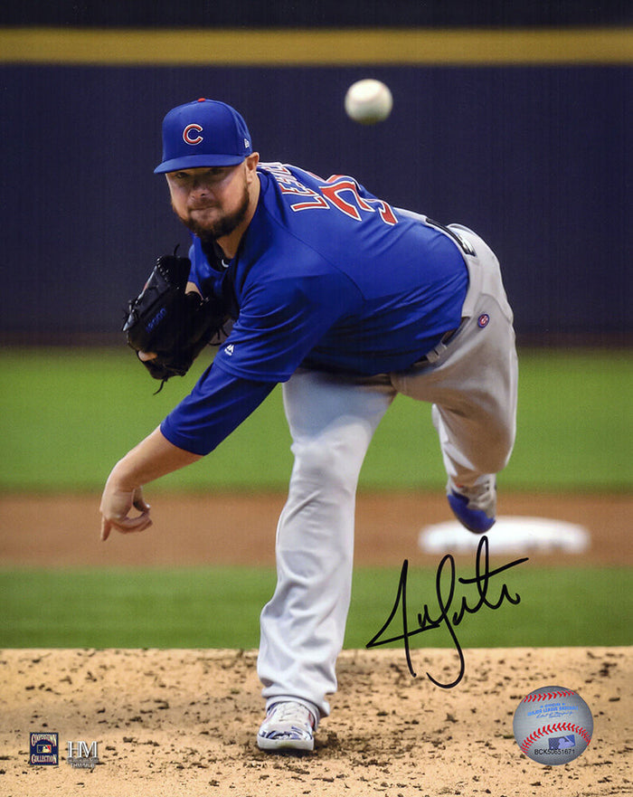 Jon Lester Autographed Chicago Cubs Blue Jersey Pitching Action 8x10 Photo-Powers Sports Memorabilia