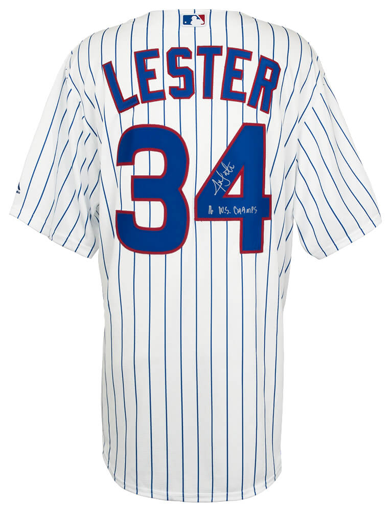 Jon Lester Chicago Cubs Autographed Pinstripe Majestic Replica Baseball-Powers Sports Memorabilia