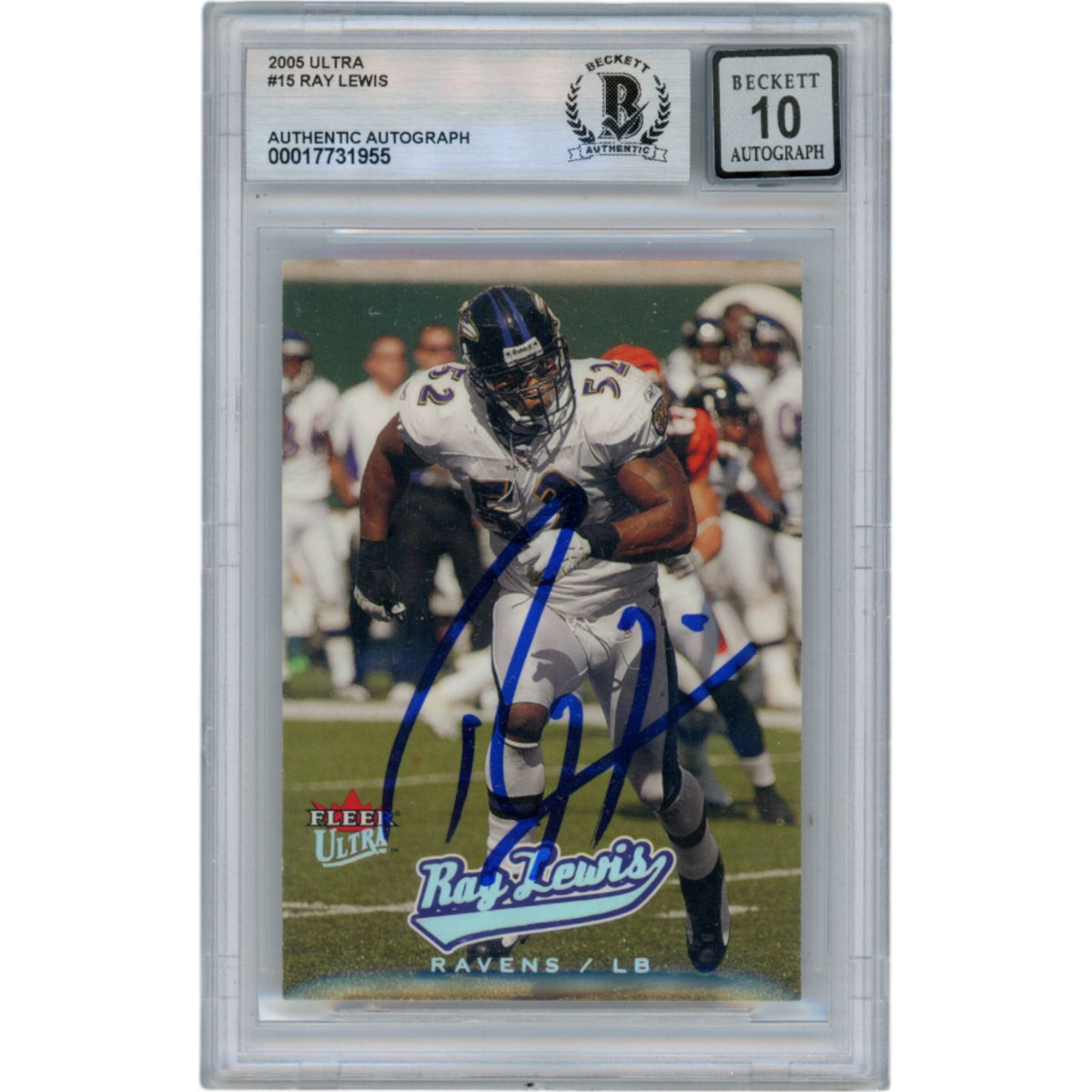 Ray Lewis Baltimore Ravens Signed Card - 2005 Fleer #15 Slabbed Beckett Beckett-Powers Sports Memorabilia
