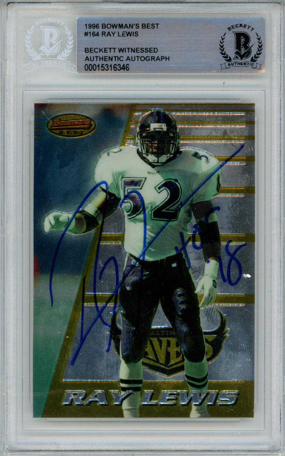 Ray Lewis Baltimore Ravens Signed Card - 1996 Bowmans Best #164 Rookie w/HOF Beckett Slab Beckett-Powers Sports Memorabilia