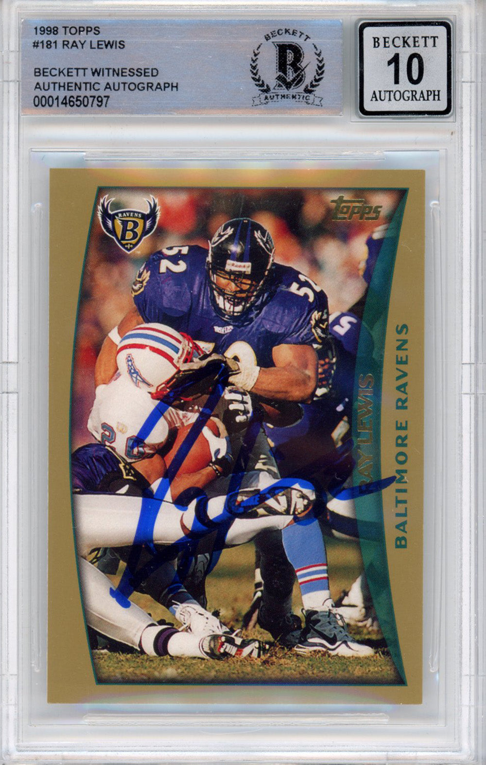 Ray Lewis Baltimore Ravens Signed Card - 1998 Topps #181 Beckett Slab Beckett-Powers Sports Memorabilia
