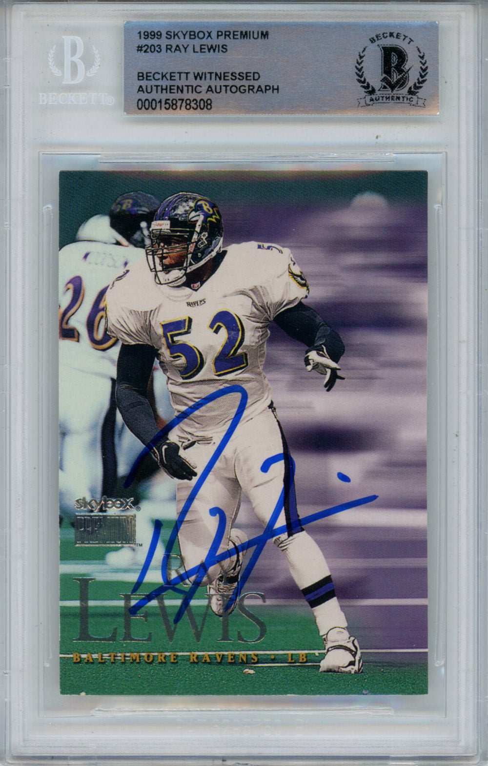 Ray Lewis 1999 Skybox Premium #203 Trading Signed Card-Powers Sports Memorabilia