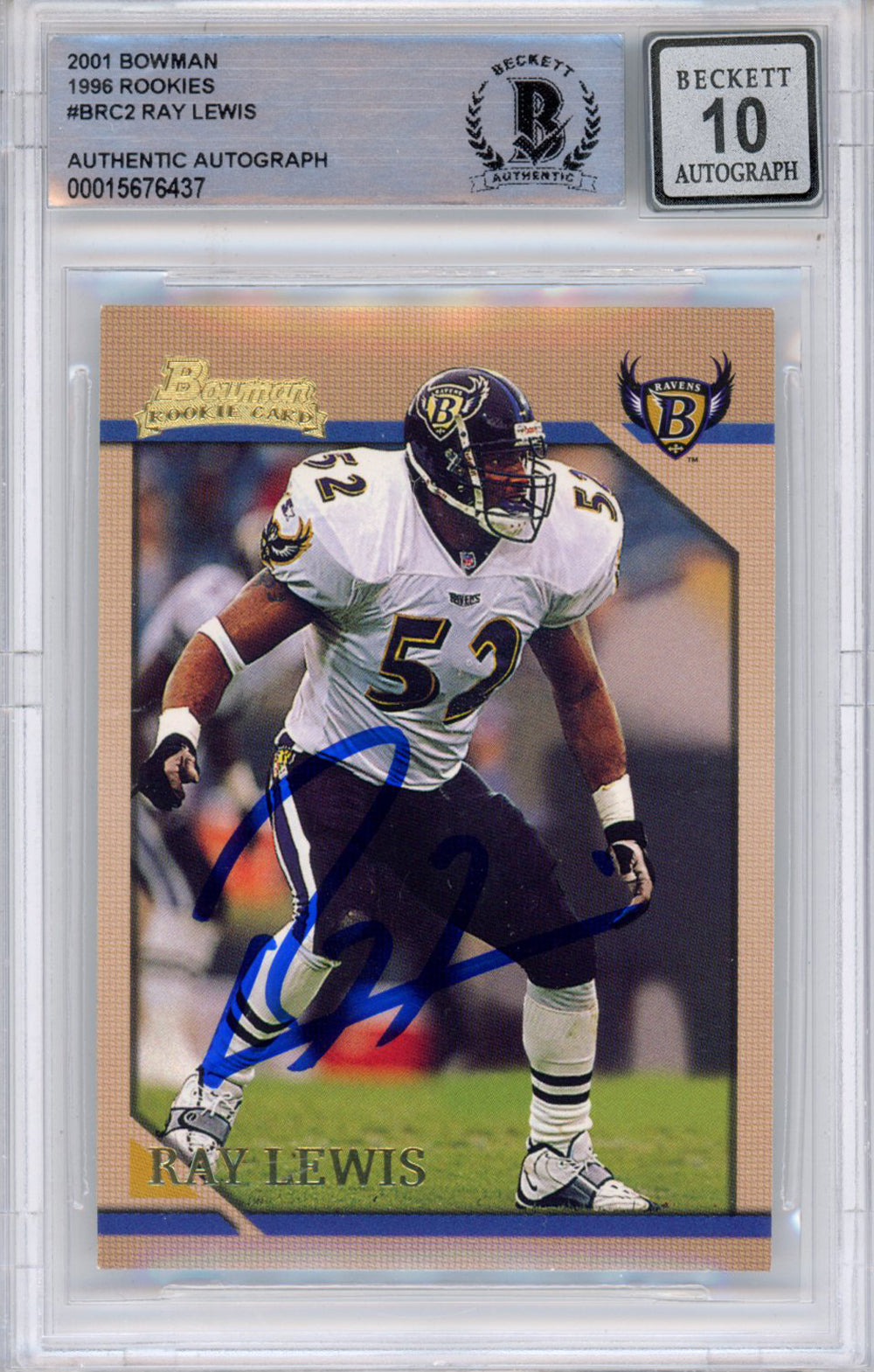 Ray Lewis Baltimore Ravens Signed Card - 2001 Bowman #BRC2 (Grade 10) Slabbed Beckett-Powers Sports Memorabilia