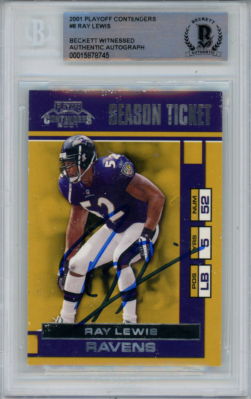 Ray Lewis 2001 Playoff Contenders #8 Trading Signed Card-Powers Sports Memorabilia