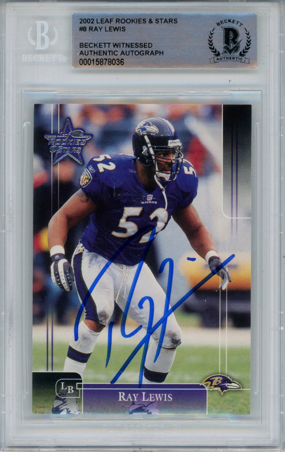 Ray Lewis 2002 Leaf Rookies & Stars #8 Trading Signed Card-Powers Sports Memorabilia