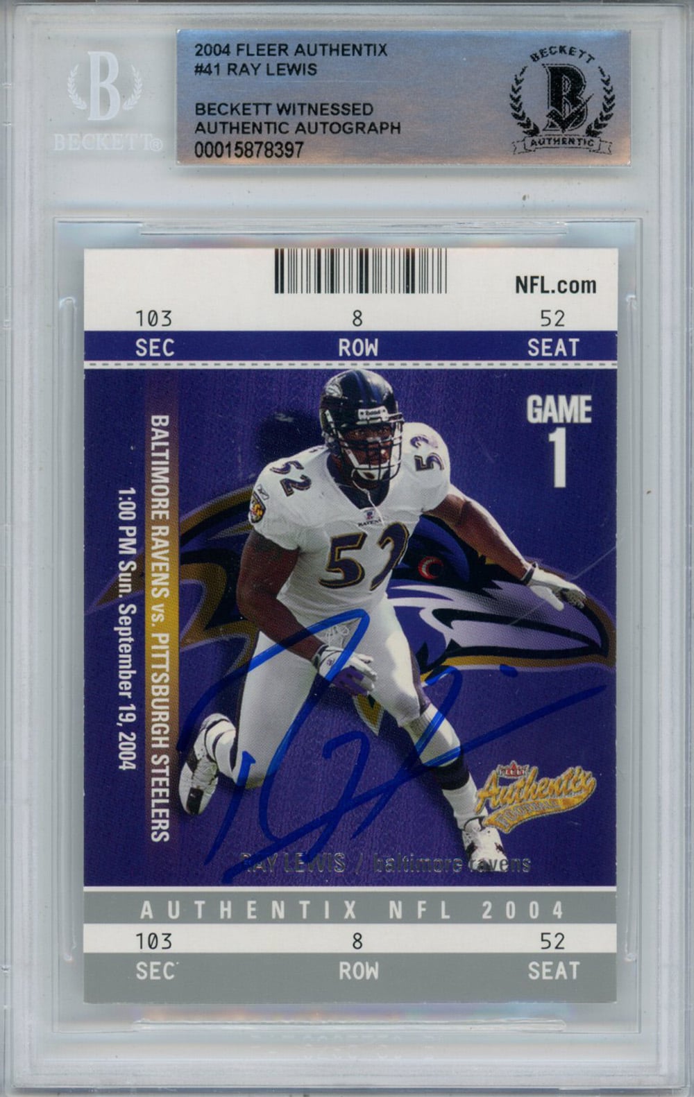 Ray Lewis Signed 2004 Fleer Authentix #41 Trading Card Beckett Slab-Powers Sports Memorabilia