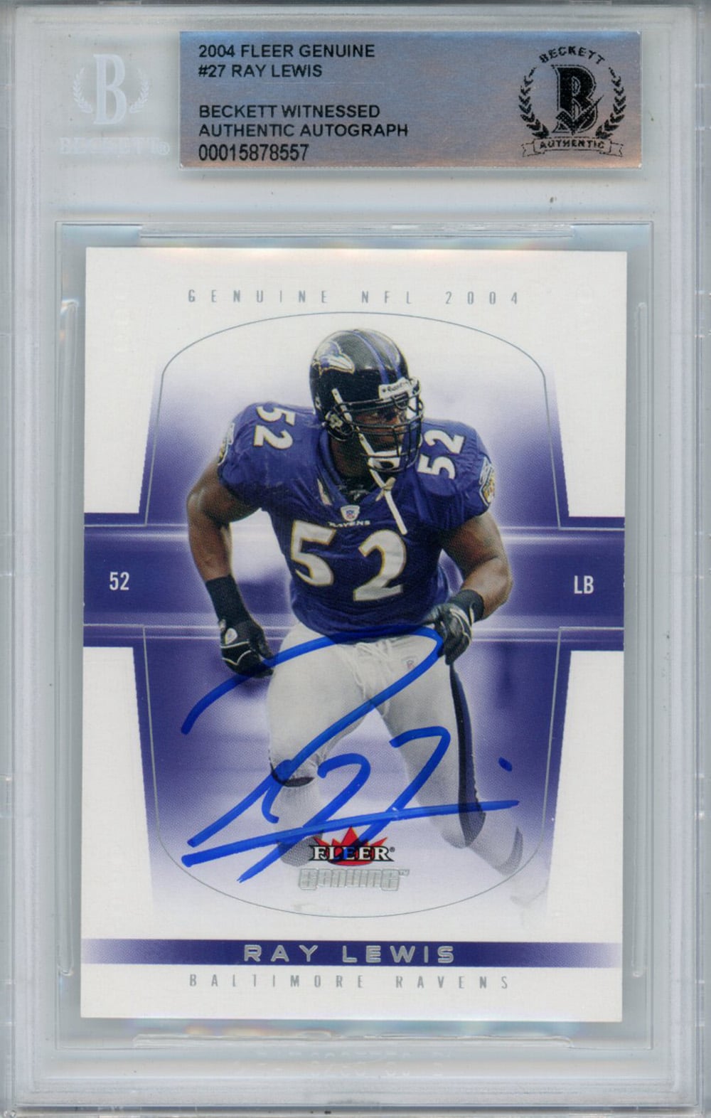 Ray Lewis Signed 2004 Fleer Genuine #27 Trading Card Beckett Slab-Powers Sports Memorabilia