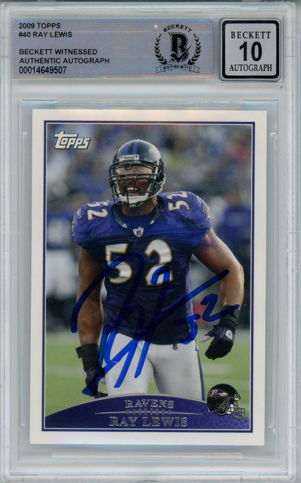 Ray Lewis Baltimore Ravens Signed Card - 2009 Topps #40 Beckett 10 Slab Beckett-Powers Sports Memorabilia