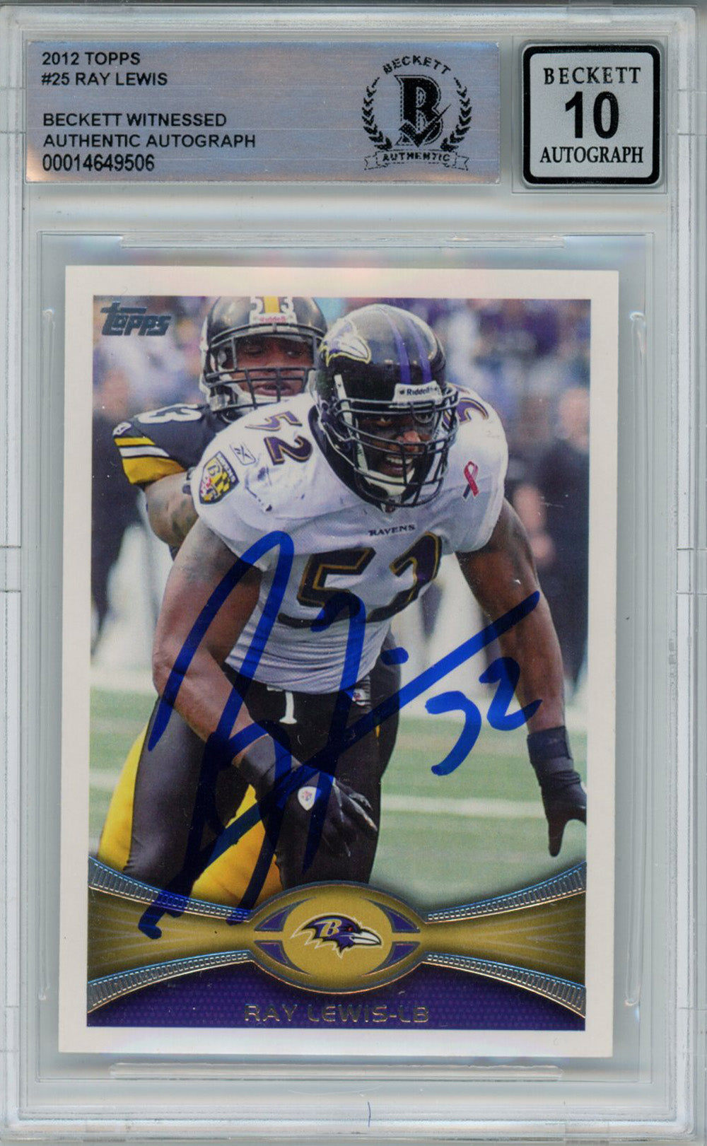 Ray Lewis 2012 Topps #25 Trading Signed Card Beckett 10 Slab Beckett-Powers Sports Memorabilia
