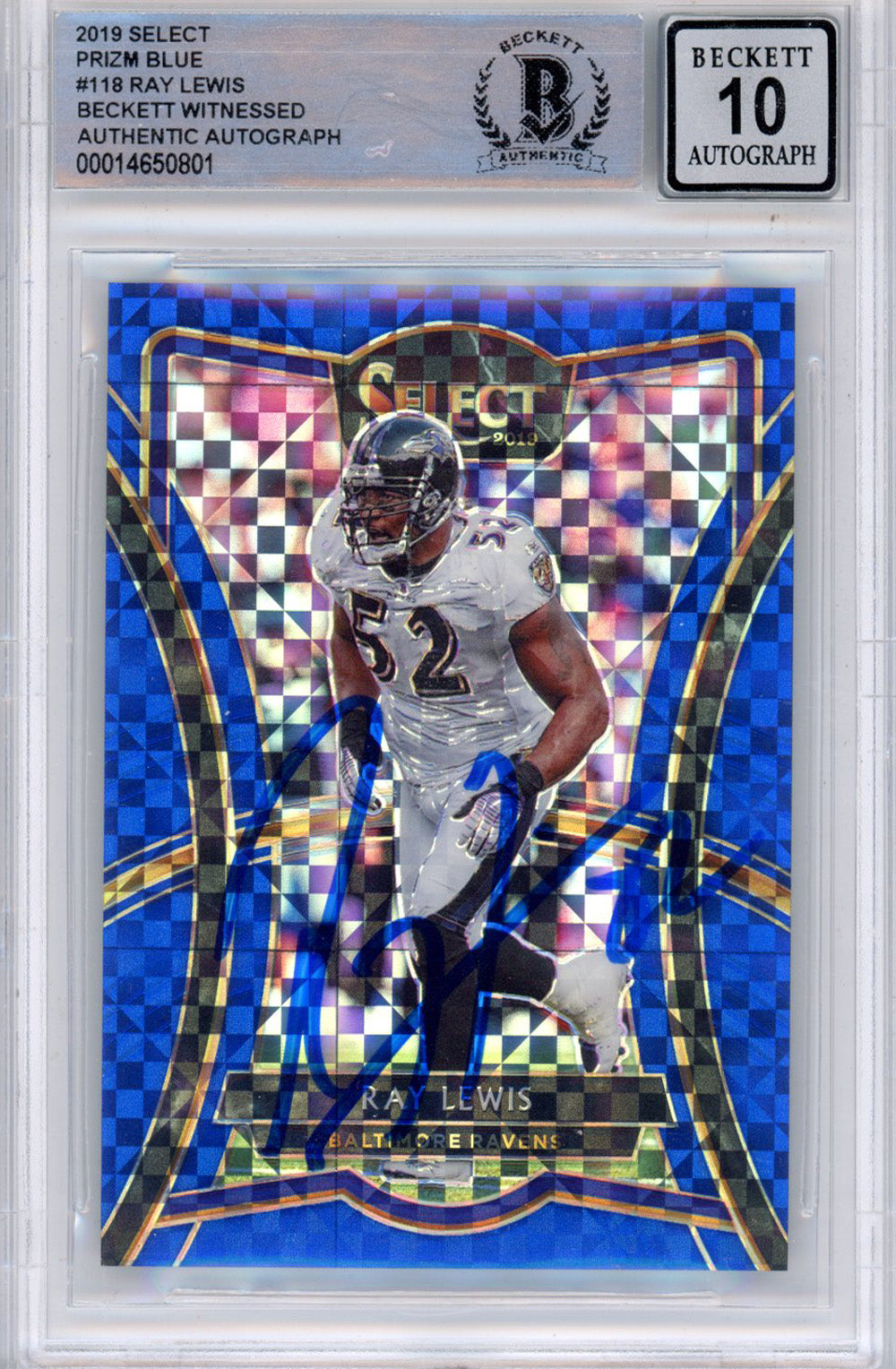 Ray Lewis Baltimore Ravens Signed Card - 2019 Panini Prizm Blue 116/149 BAS Slab Beckett-Powers Sports Memorabilia